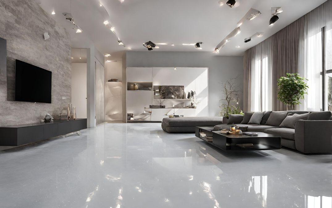 A white epoxy resin floor for a living room in Swindon