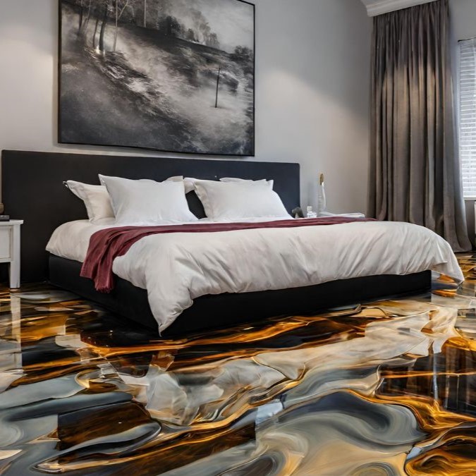 swirly epoxy resin flooring for a bedroom in swindon