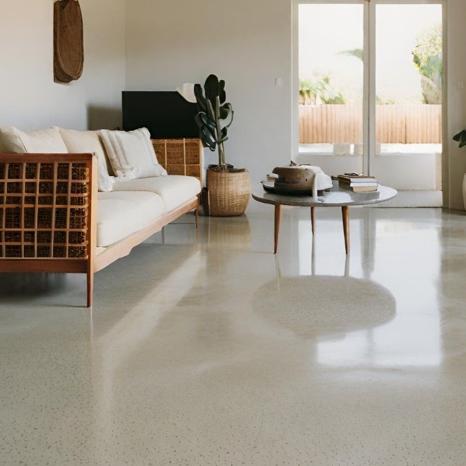 A concrete floor with a salt and pepper polish for a living room.
