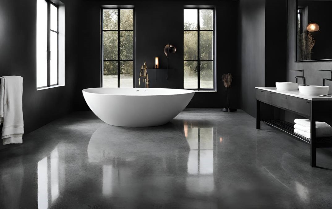 Polished concrete finish for a bathroom floor.