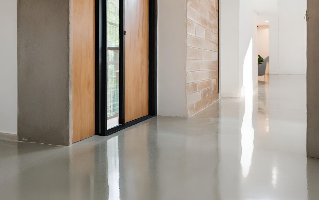 In situ concrete flooring for a residential hallway.