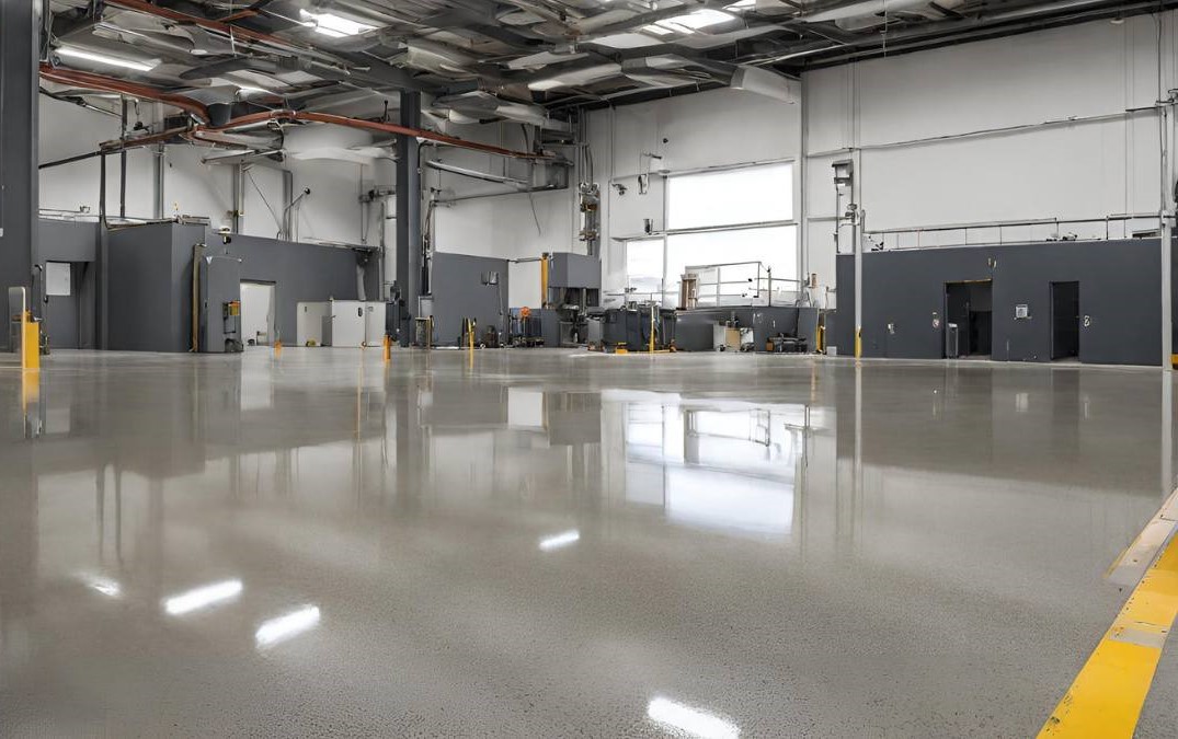 Polished concrete floor which has been grounded for industrial purposes.