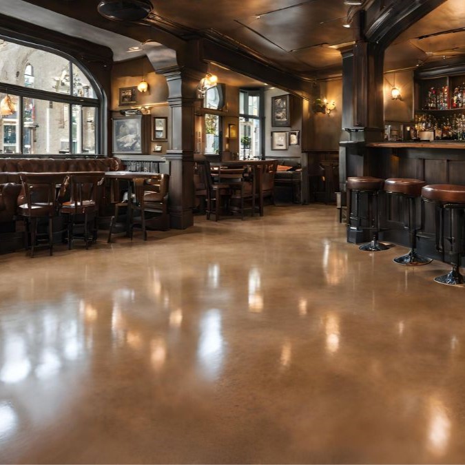 Brown polished concrete flooring in a restaurant