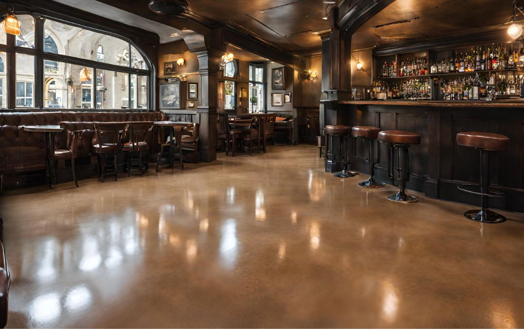Brown polished concrete flooring in a restaurant
